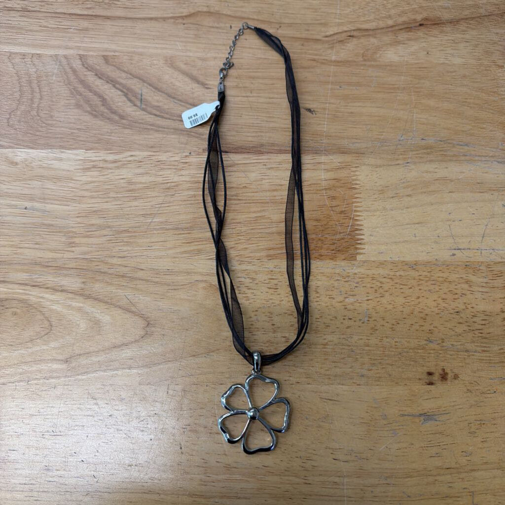Black Ribbon/ Silver Flower Pendant Necklace