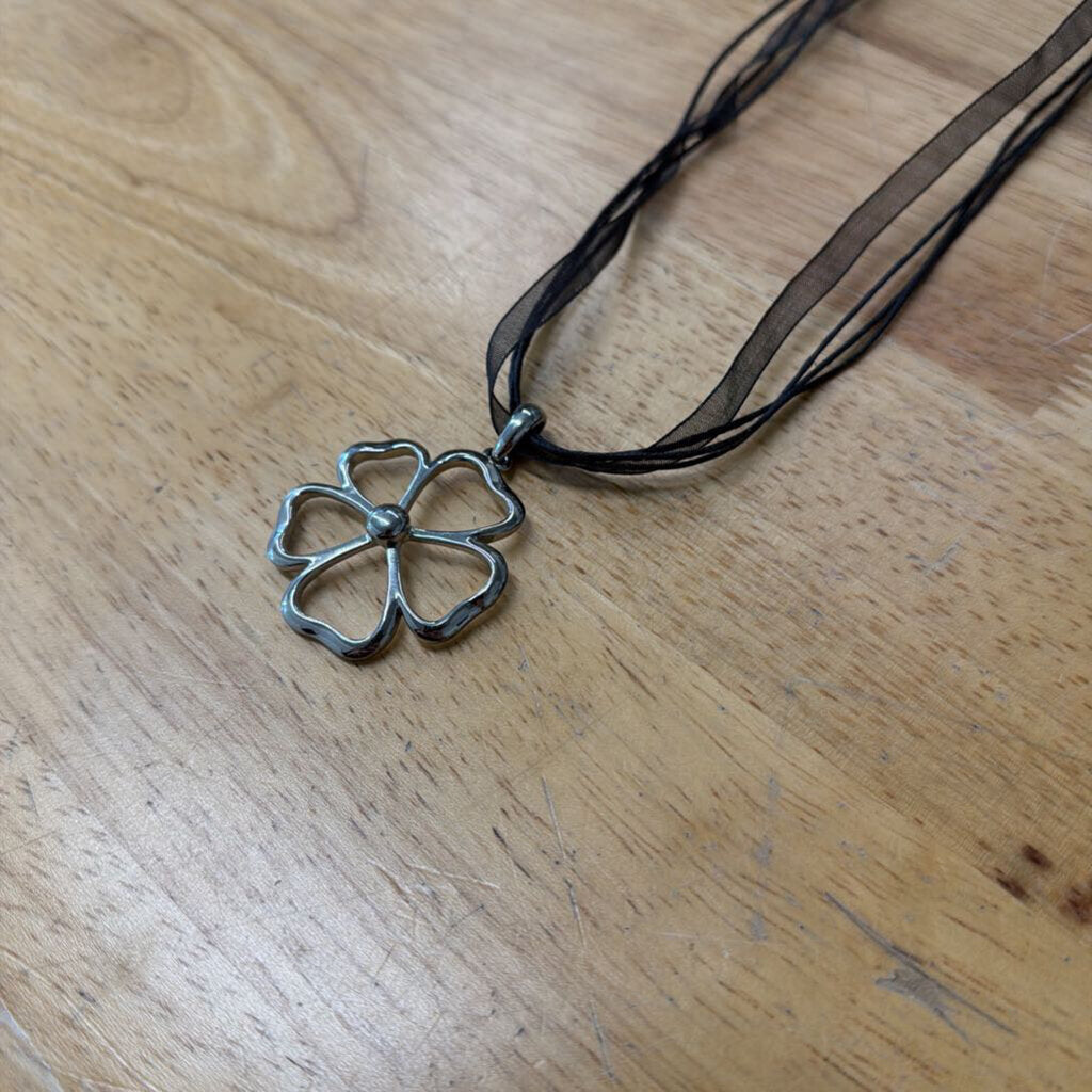 Black Ribbon/ Silver Flower Pendant Necklace