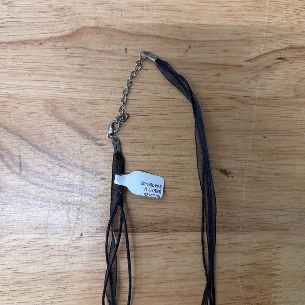 Black Ribbon/ Silver Flower Pendant Necklace