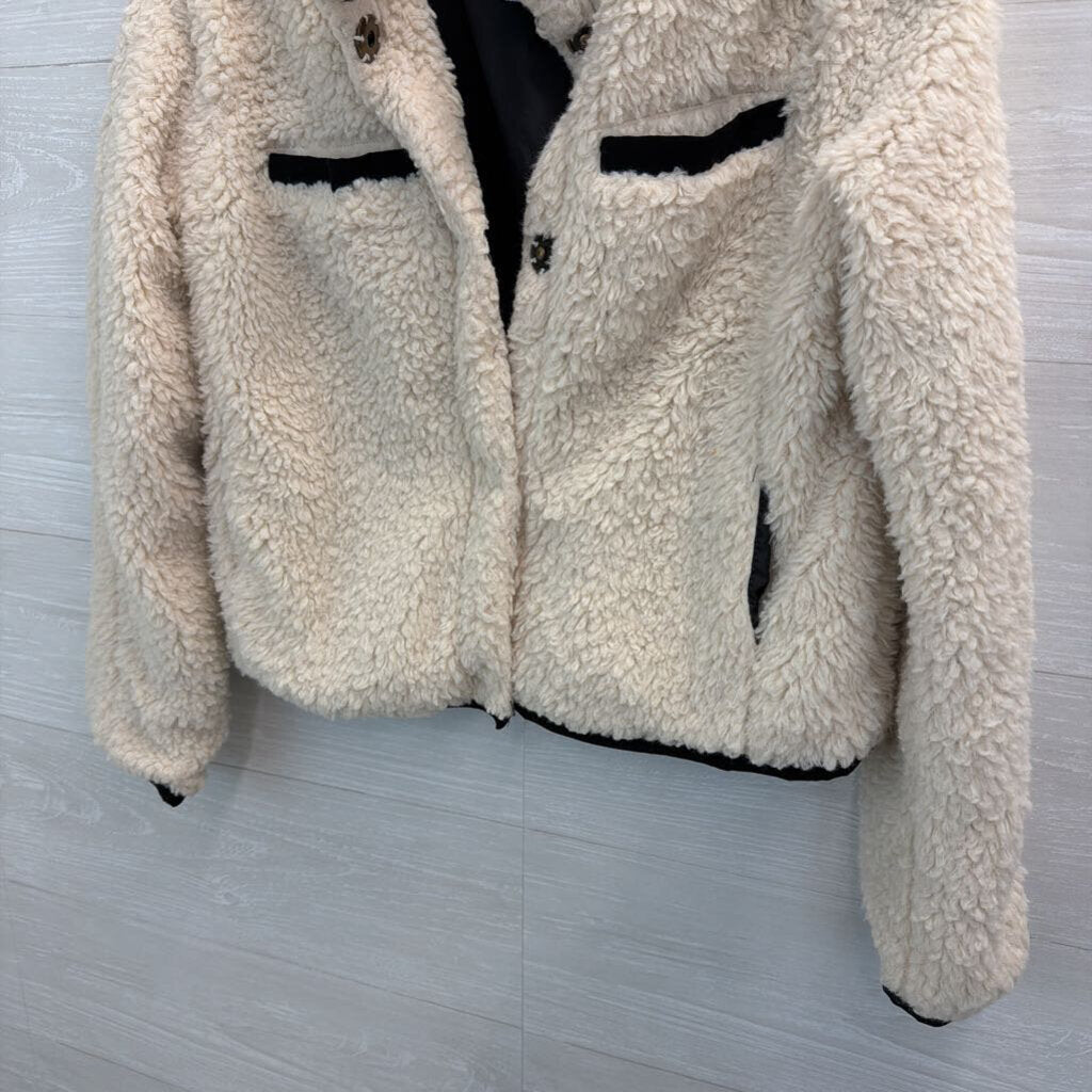 Thread and Supply Cream/ Black Trim Soft Sherpa Cropped Jacket Small