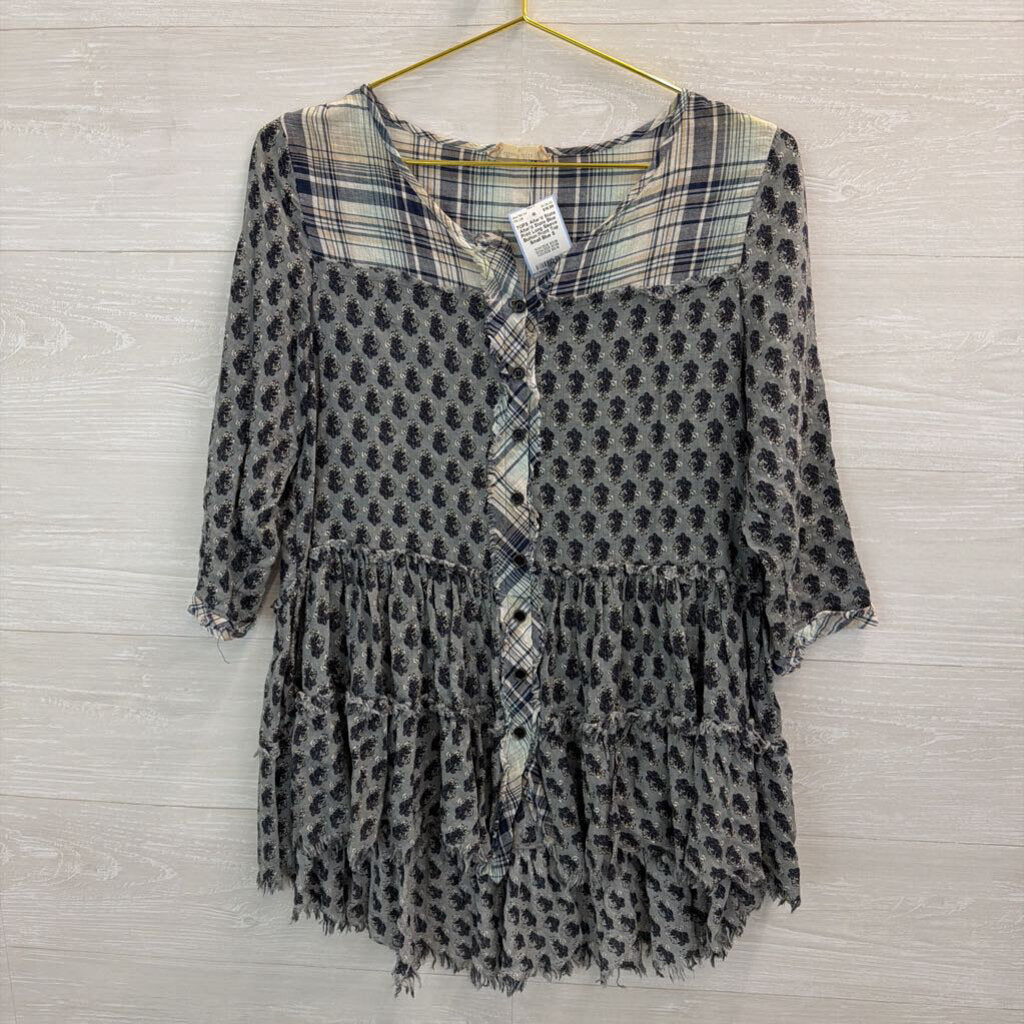 Altar'd State Blue Print Long Sleeve Button Front Top Small