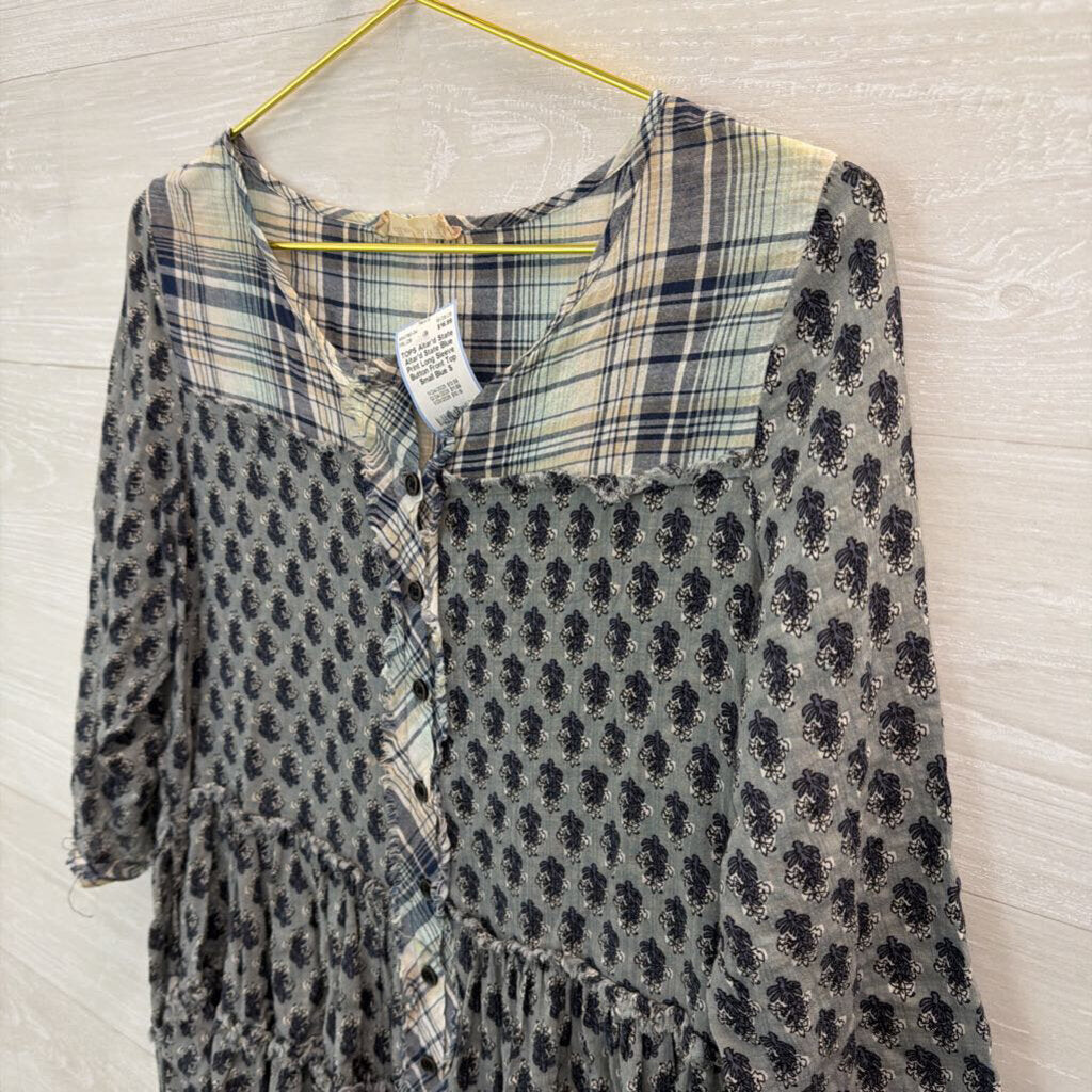 Altar'd State Blue Print Long Sleeve Button Front Top Small