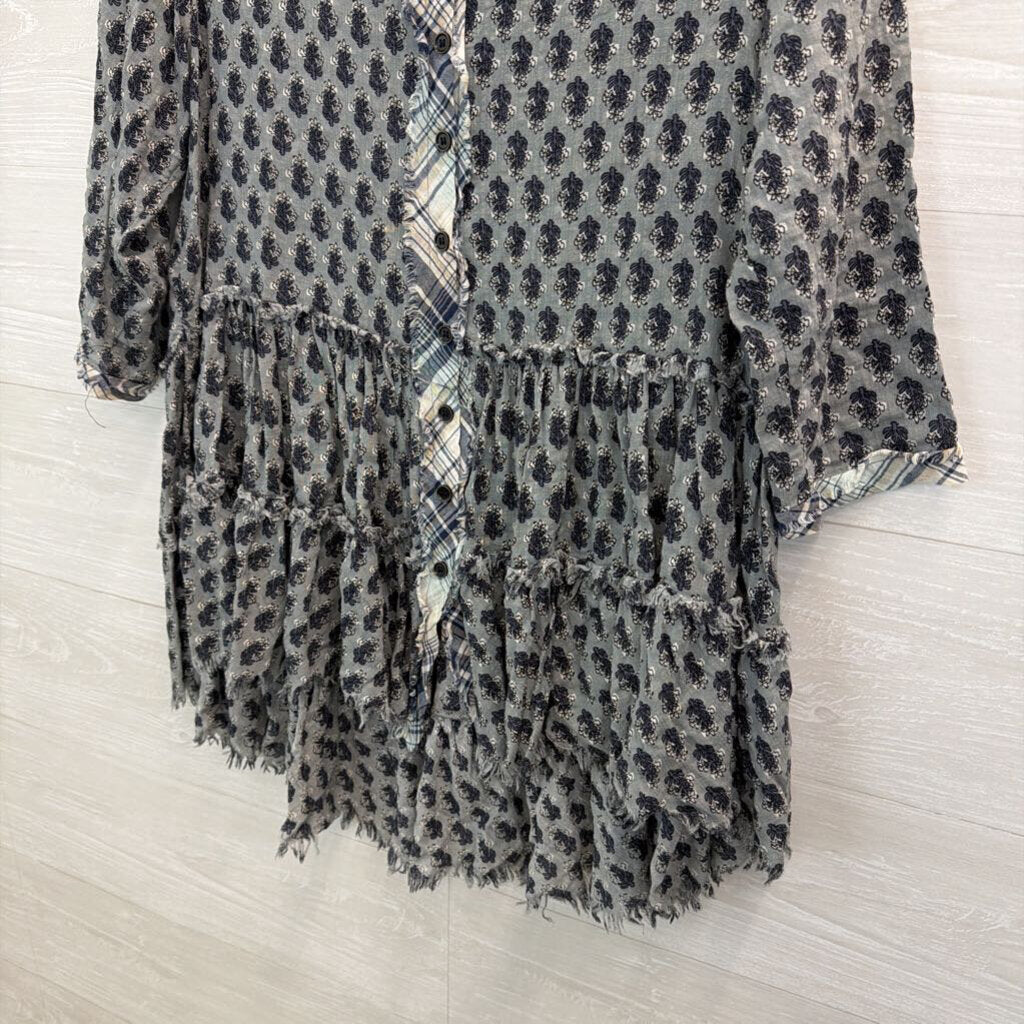 Altar'd State Blue Print Long Sleeve Button Front Top Small