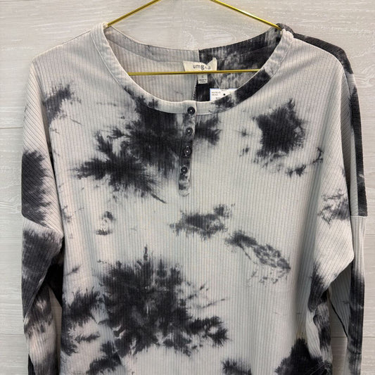 Umgee Grey Ribbed Tie Dye Henley Long Sleeve Top Small