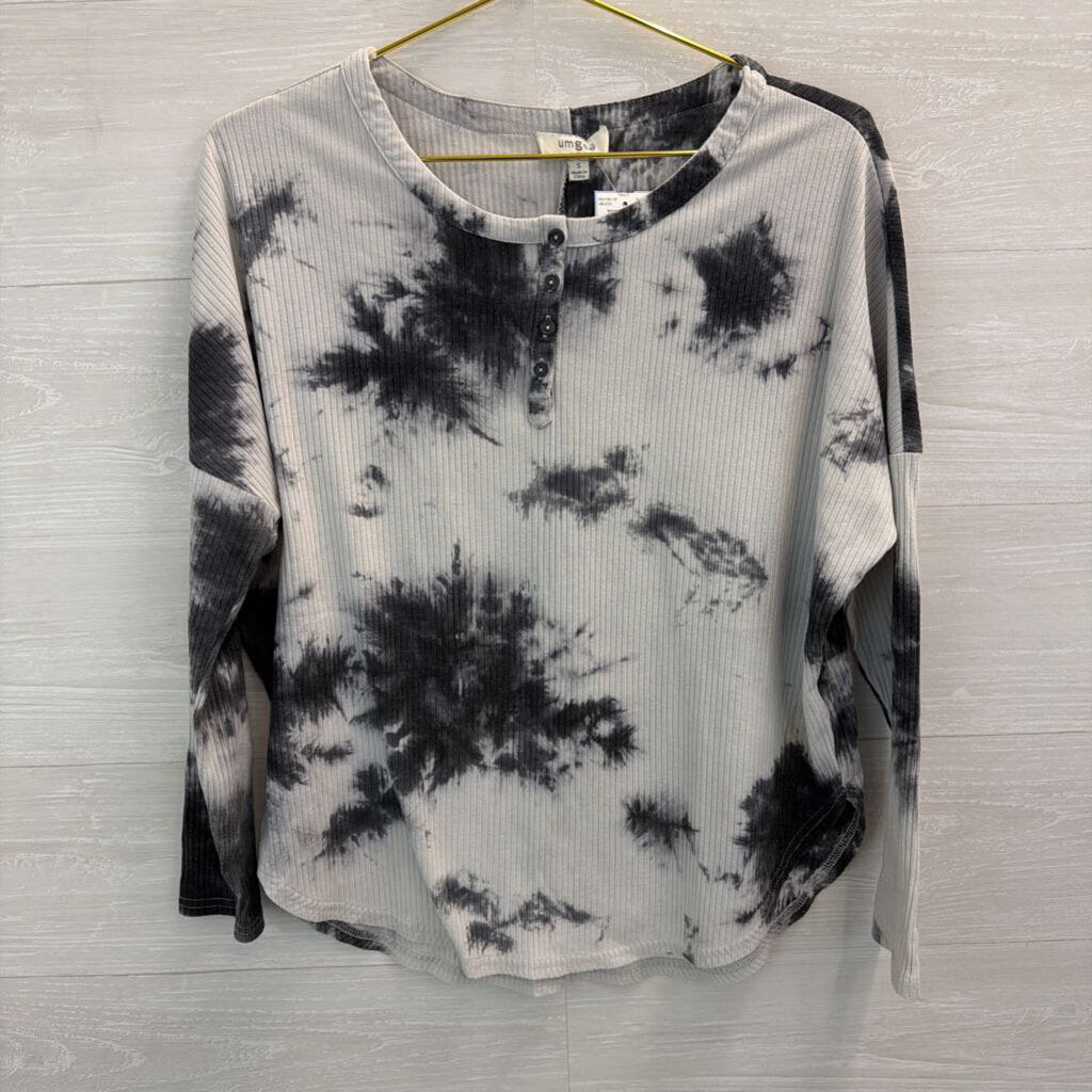 Umgee Grey Ribbed Tie Dye Henley Long Sleeve Top Small