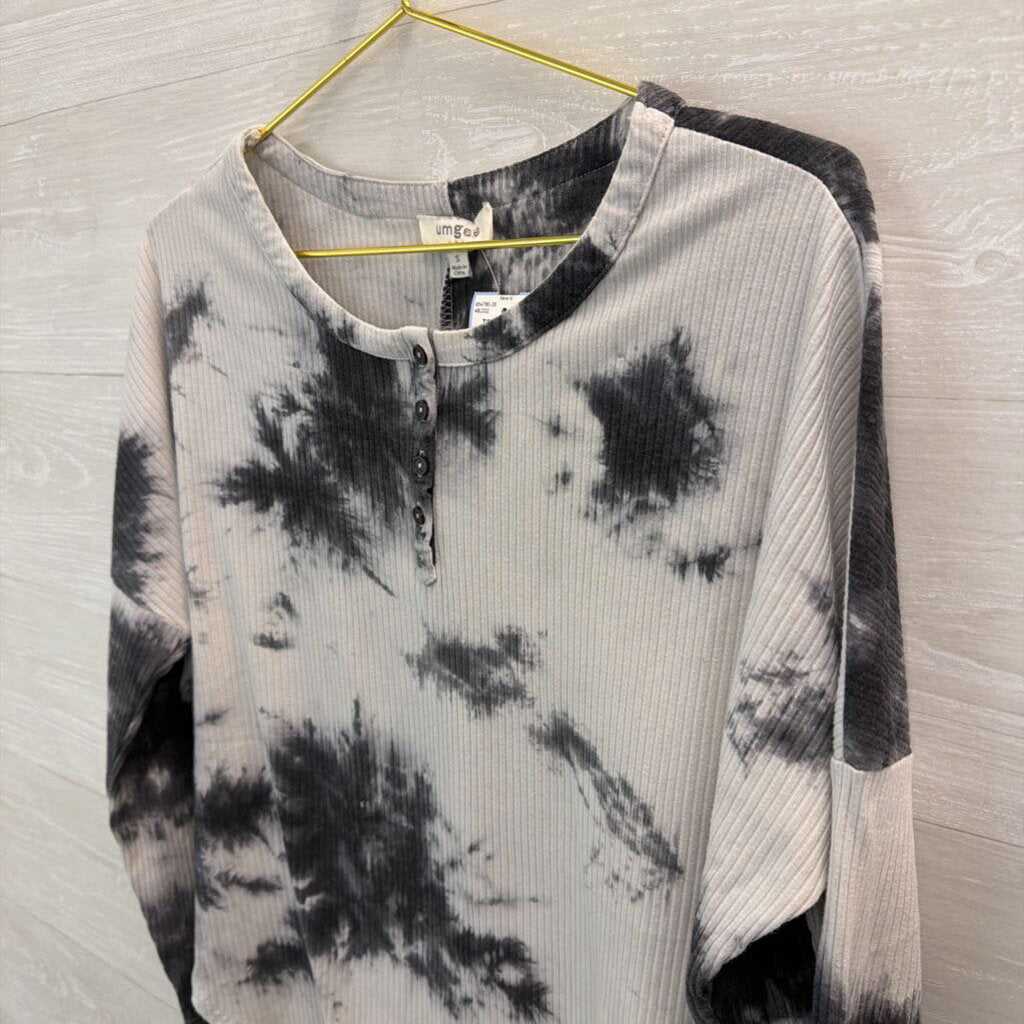 Umgee Grey Ribbed Tie Dye Henley Long Sleeve Top Small