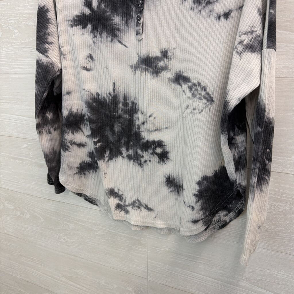 Umgee Grey Ribbed Tie Dye Henley Long Sleeve Top Small