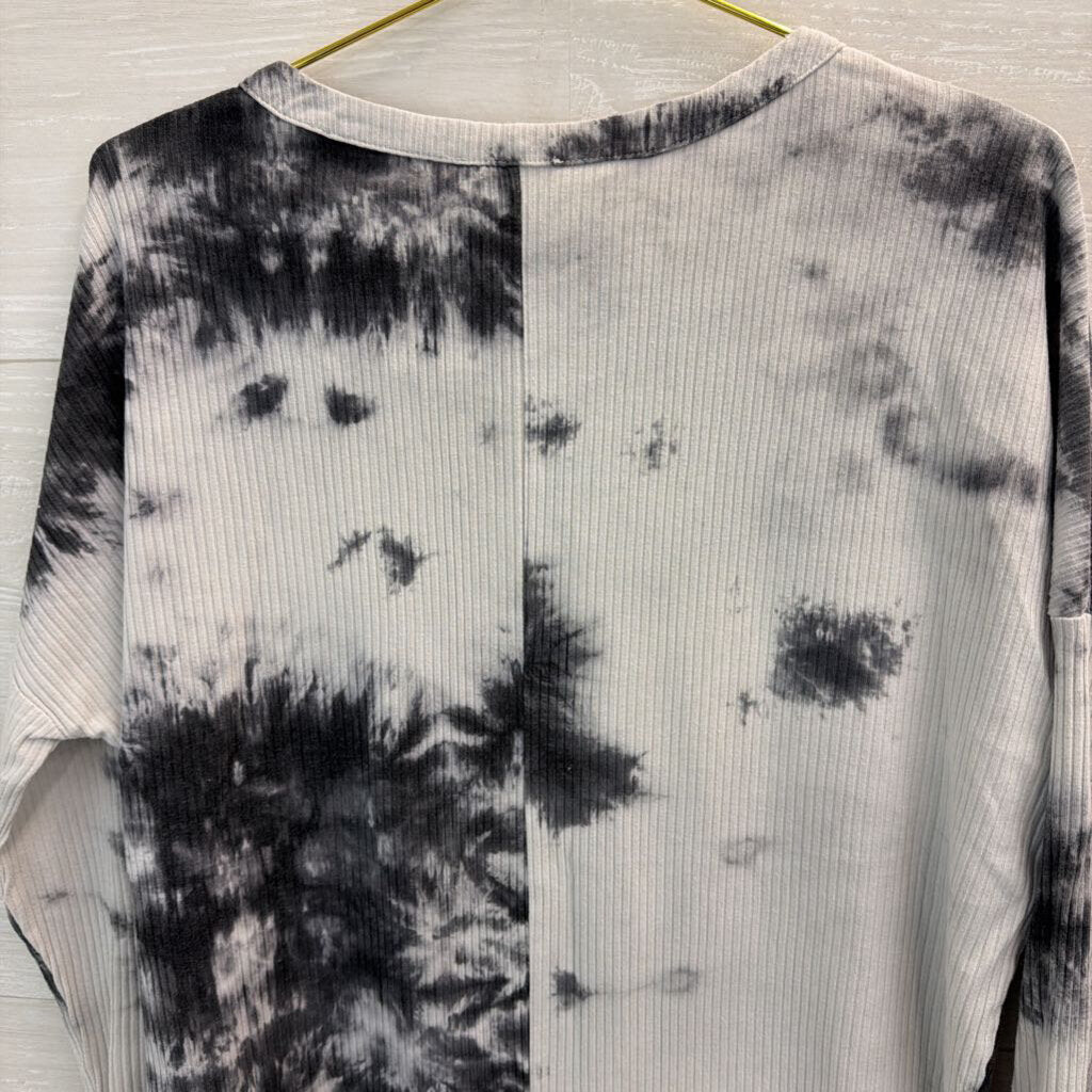 Umgee Grey Ribbed Tie Dye Henley Long Sleeve Top Small
