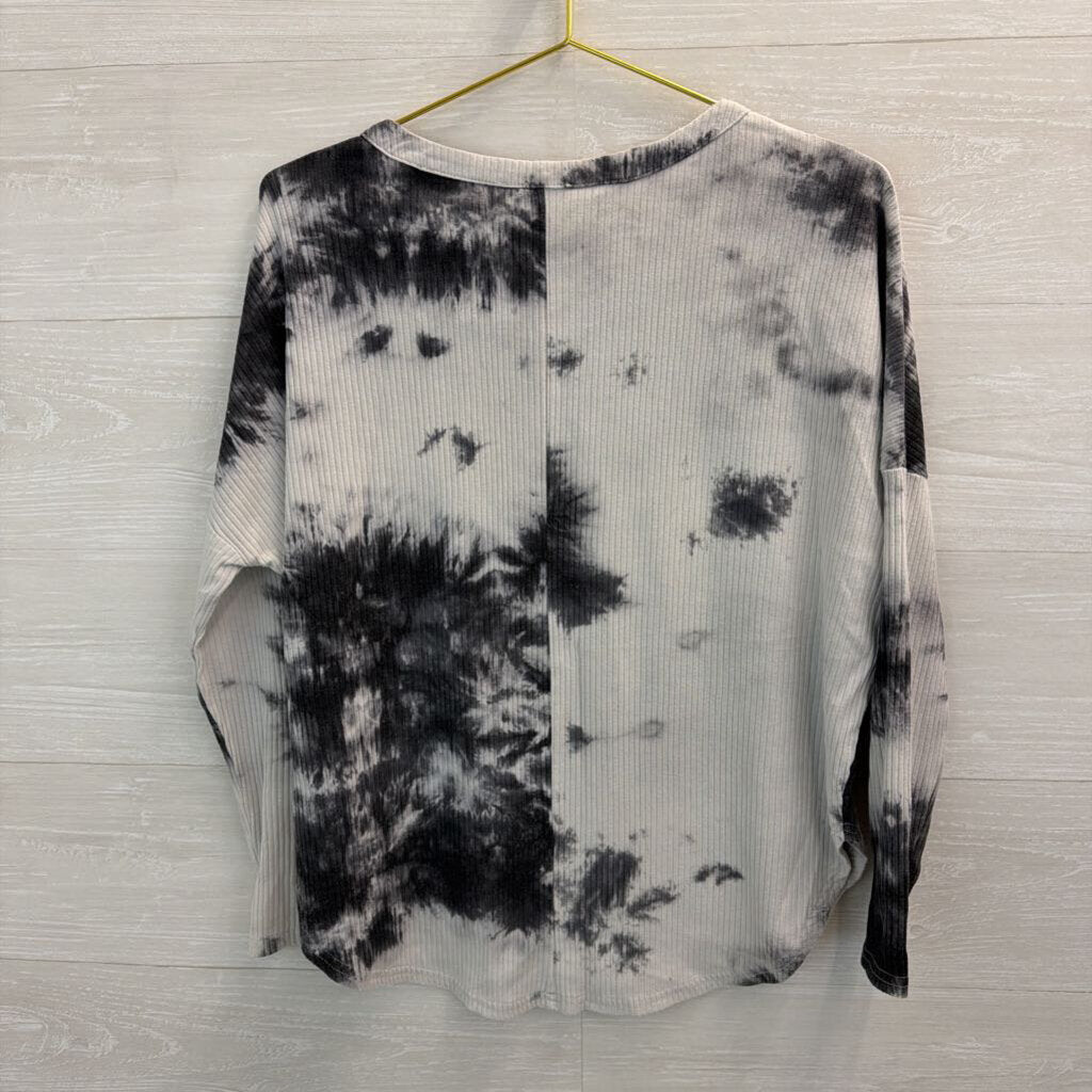 Umgee Grey Ribbed Tie Dye Henley Long Sleeve Top Small