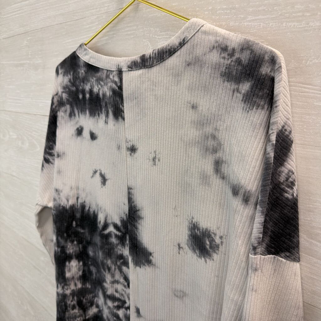 Umgee Grey Ribbed Tie Dye Henley Long Sleeve Top Small