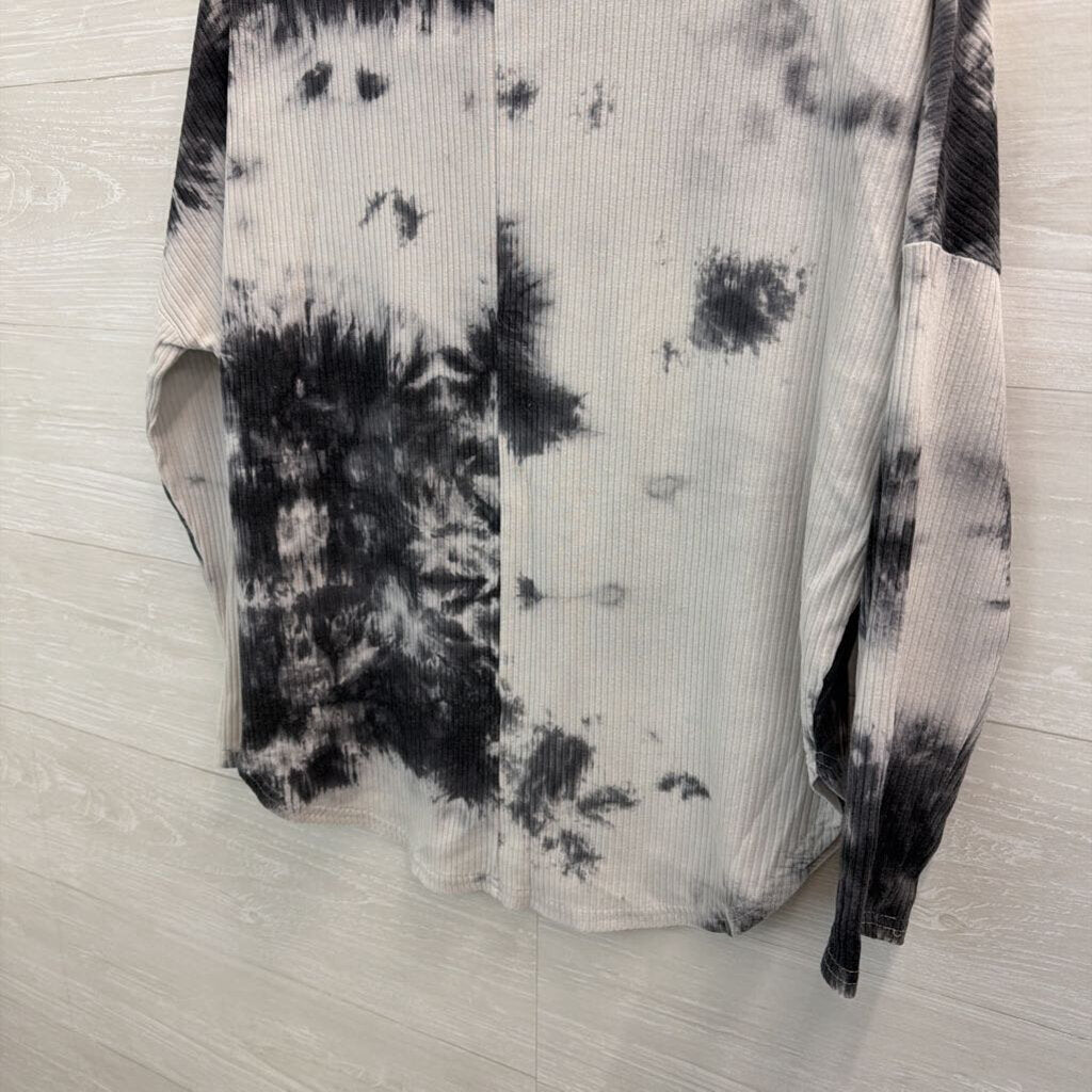 Umgee Grey Ribbed Tie Dye Henley Long Sleeve Top Small