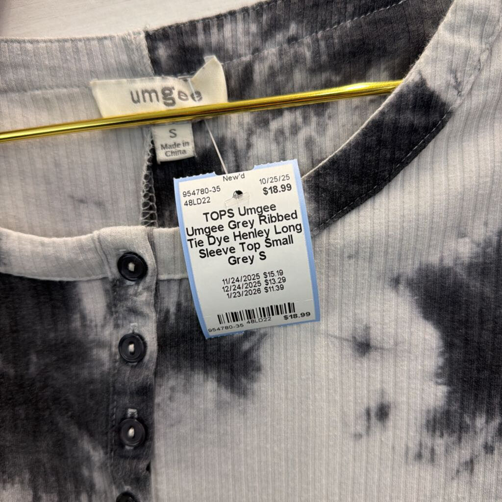 Umgee Grey Ribbed Tie Dye Henley Long Sleeve Top Small