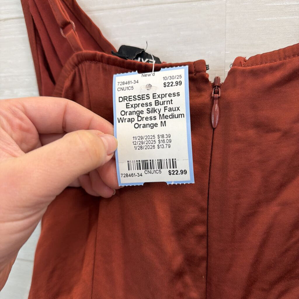 Express Burnt Orange Silky Faux Wrap Dress Medium