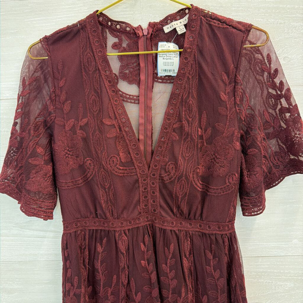 Haute Monde Burgundy Lace Short Sleeve Dress Large