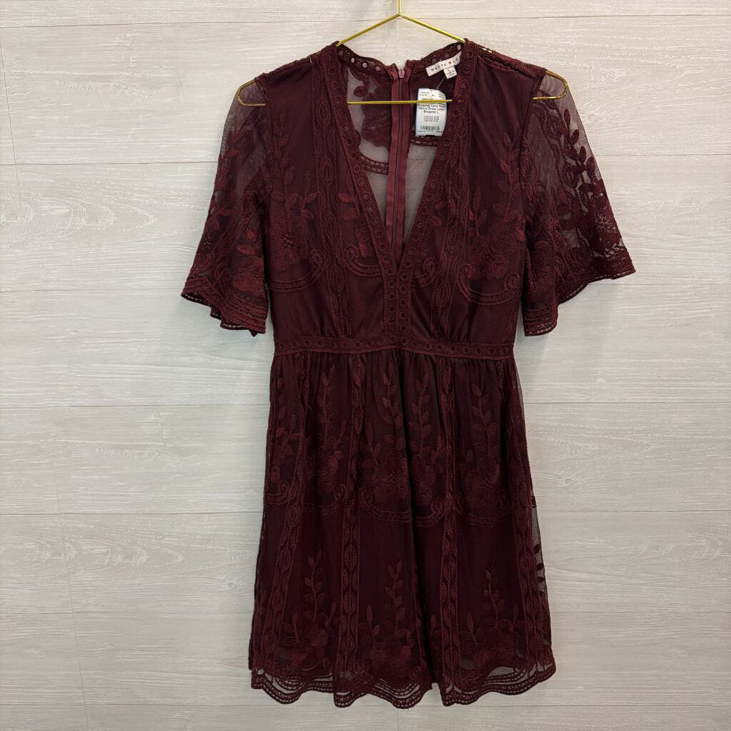 Haute Monde Burgundy Lace Short Sleeve Dress Large