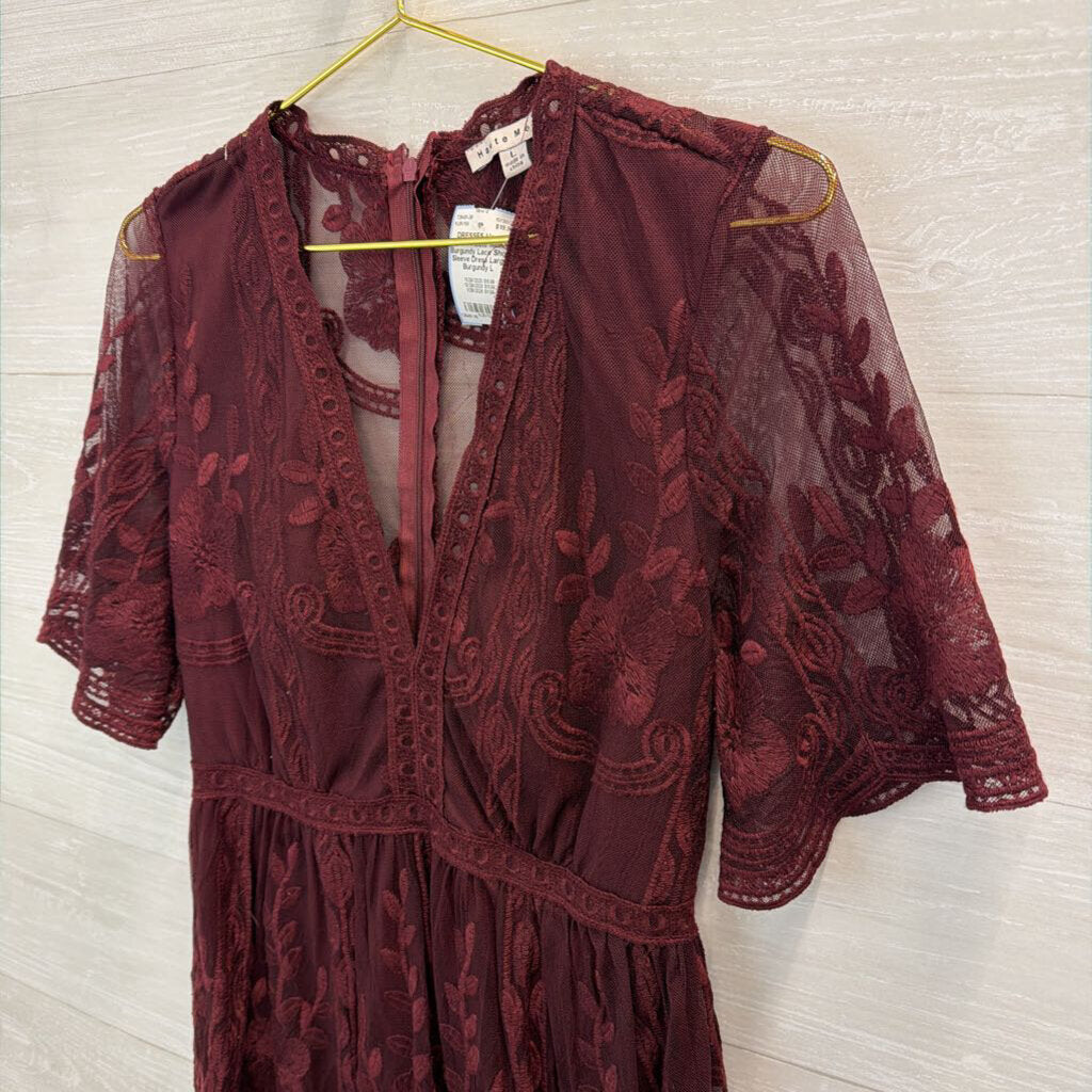 Haute Monde Burgundy Lace Short Sleeve Dress Large