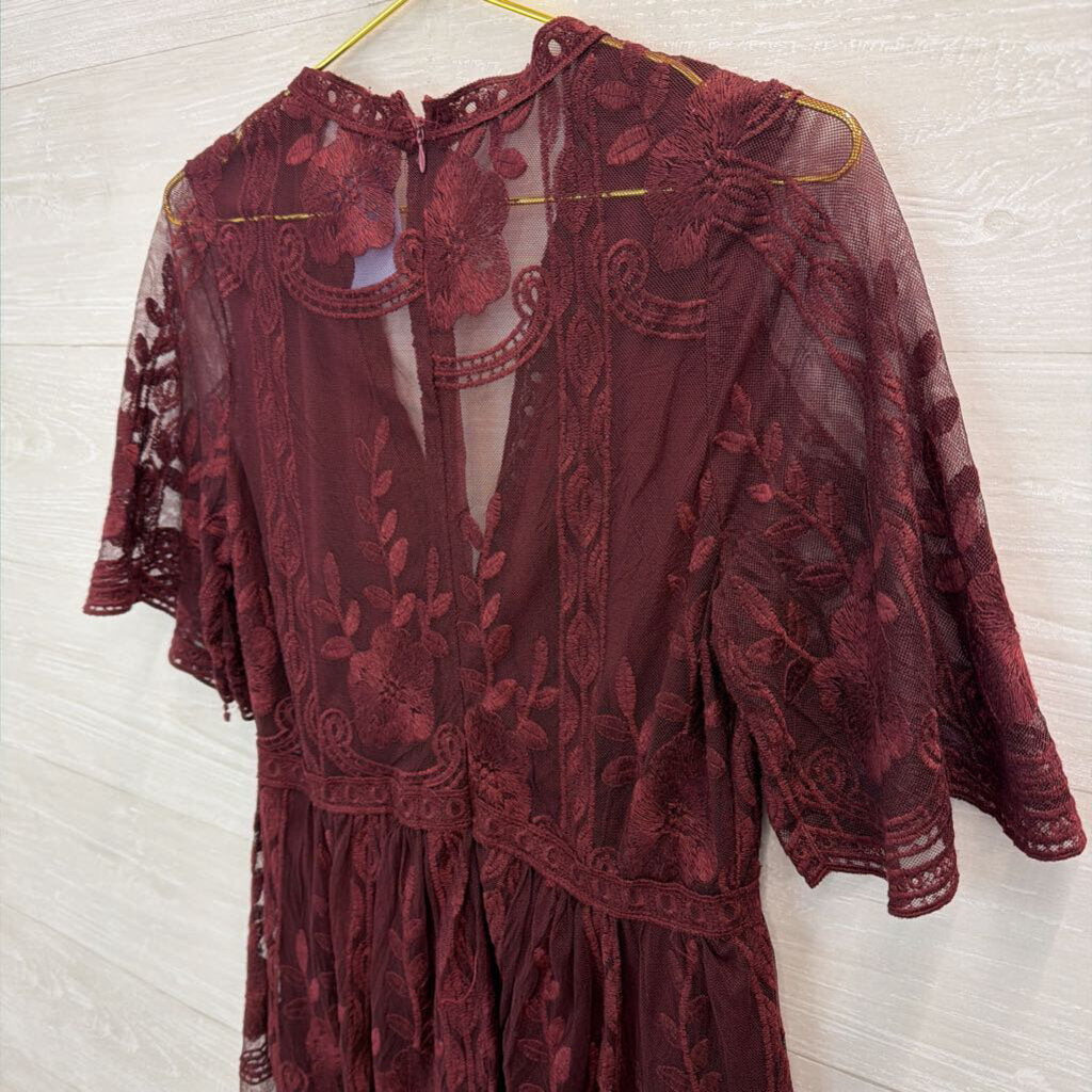 Haute Monde Burgundy Lace Short Sleeve Dress Large