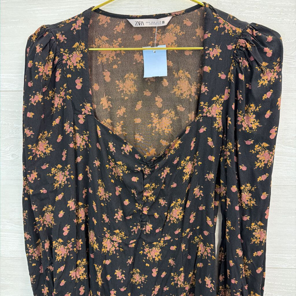 Zara Black/ Brown Print Long Sleeve Dress Medium