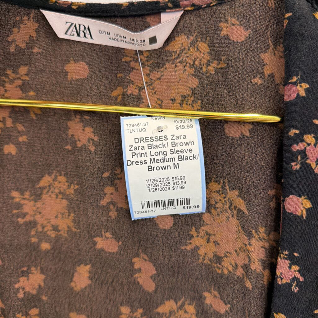Zara Black/ Brown Print Long Sleeve Dress Medium