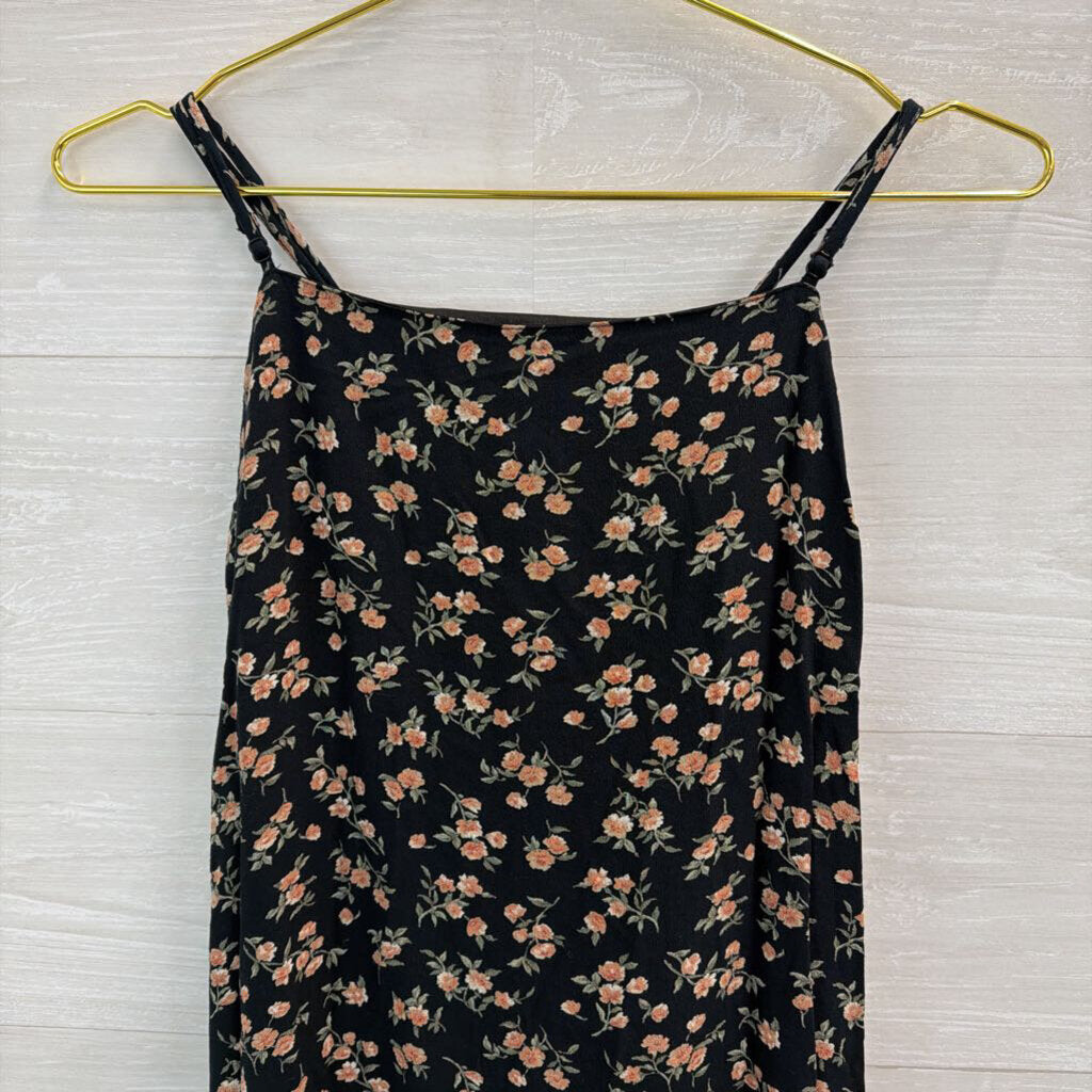 American Eagle Black/ Pink Floral Print Tie Back Dress Large