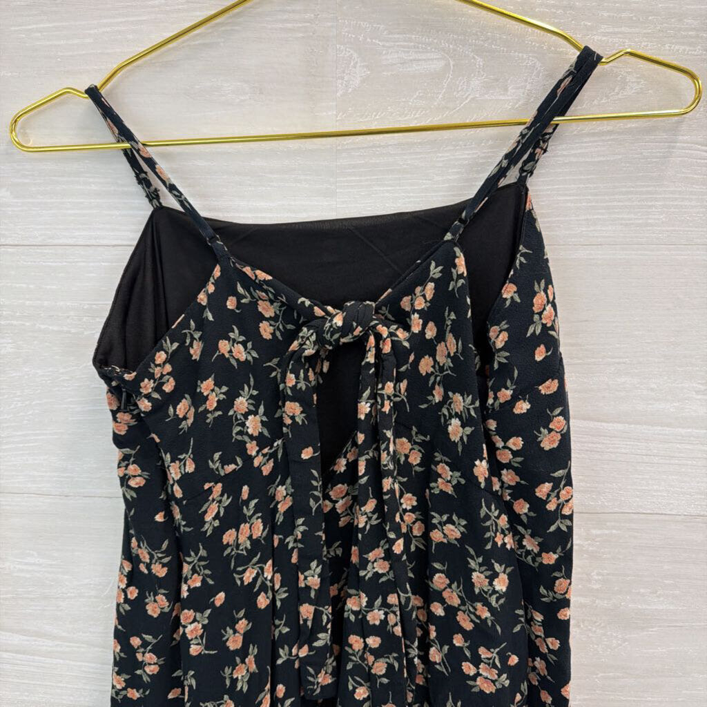 American Eagle Black/ Pink Floral Print Tie Back Dress Large
