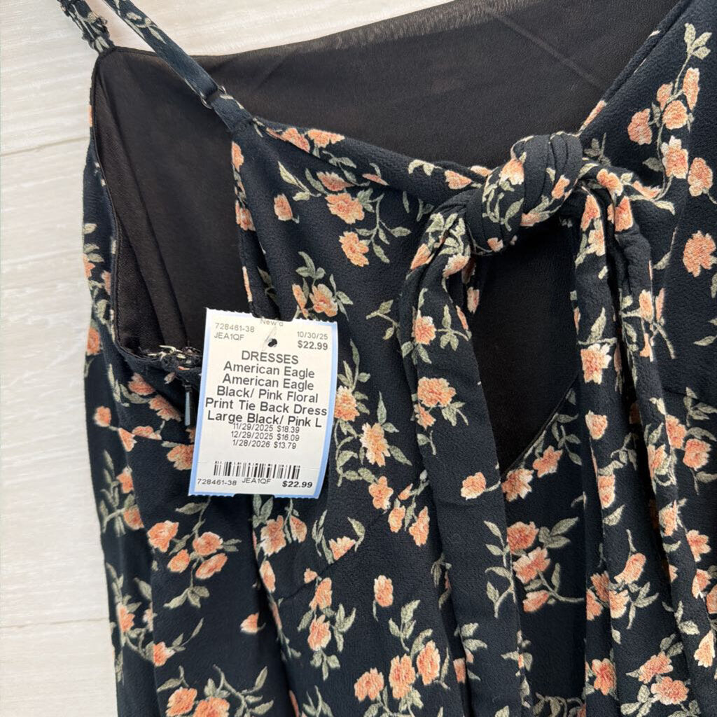 American Eagle Black/ Pink Floral Print Tie Back Dress Large