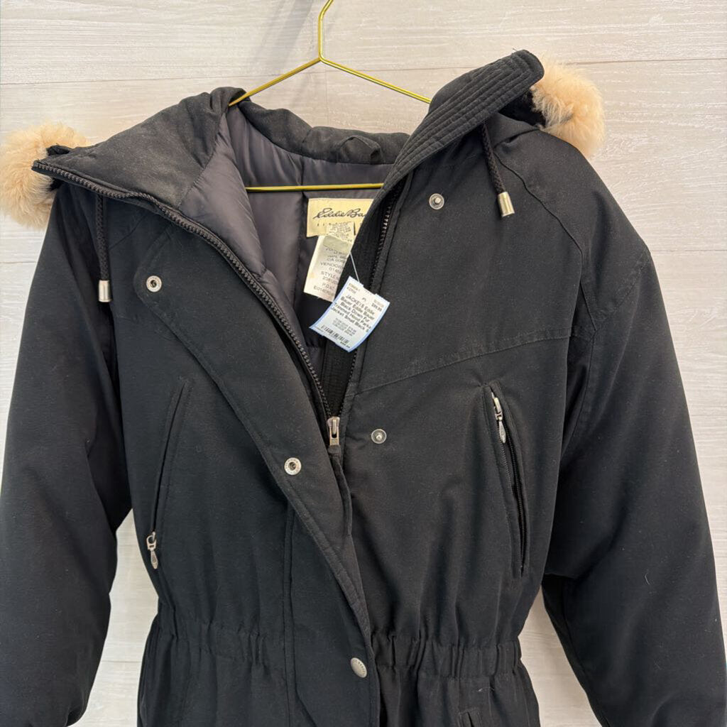 Eddie Bauer Black Down Fur Trimmed Hood Parka Jacket Small