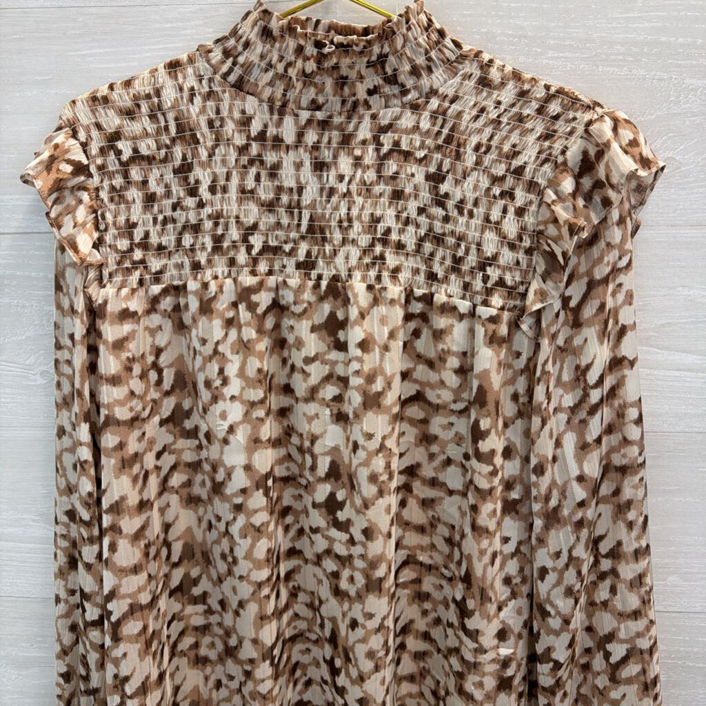 THML Brown/ White Print Long Sleeve Mock Neck Top Medium