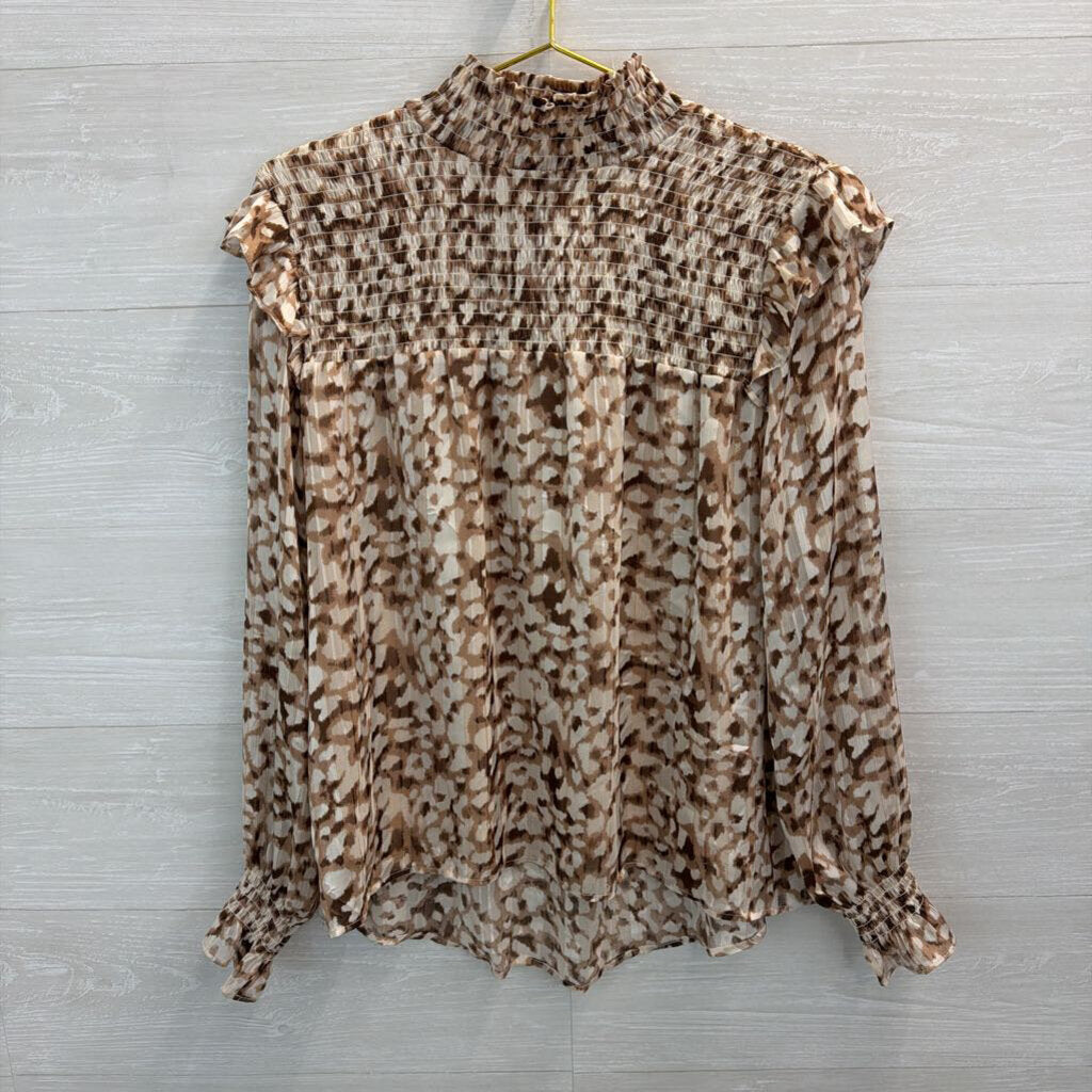 THML Brown/ White Print Long Sleeve Mock Neck Top Medium