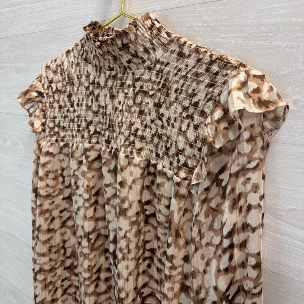 THML Brown/ White Print Long Sleeve Mock Neck Top Medium