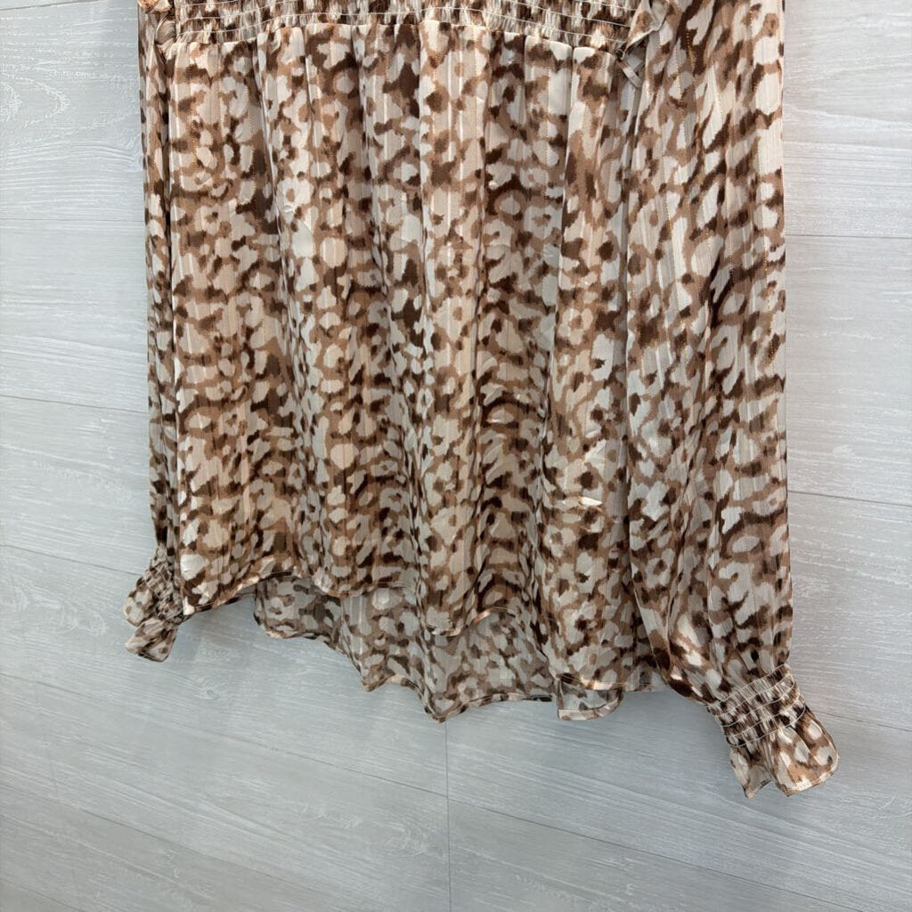 THML Brown/ White Print Long Sleeve Mock Neck Top Medium