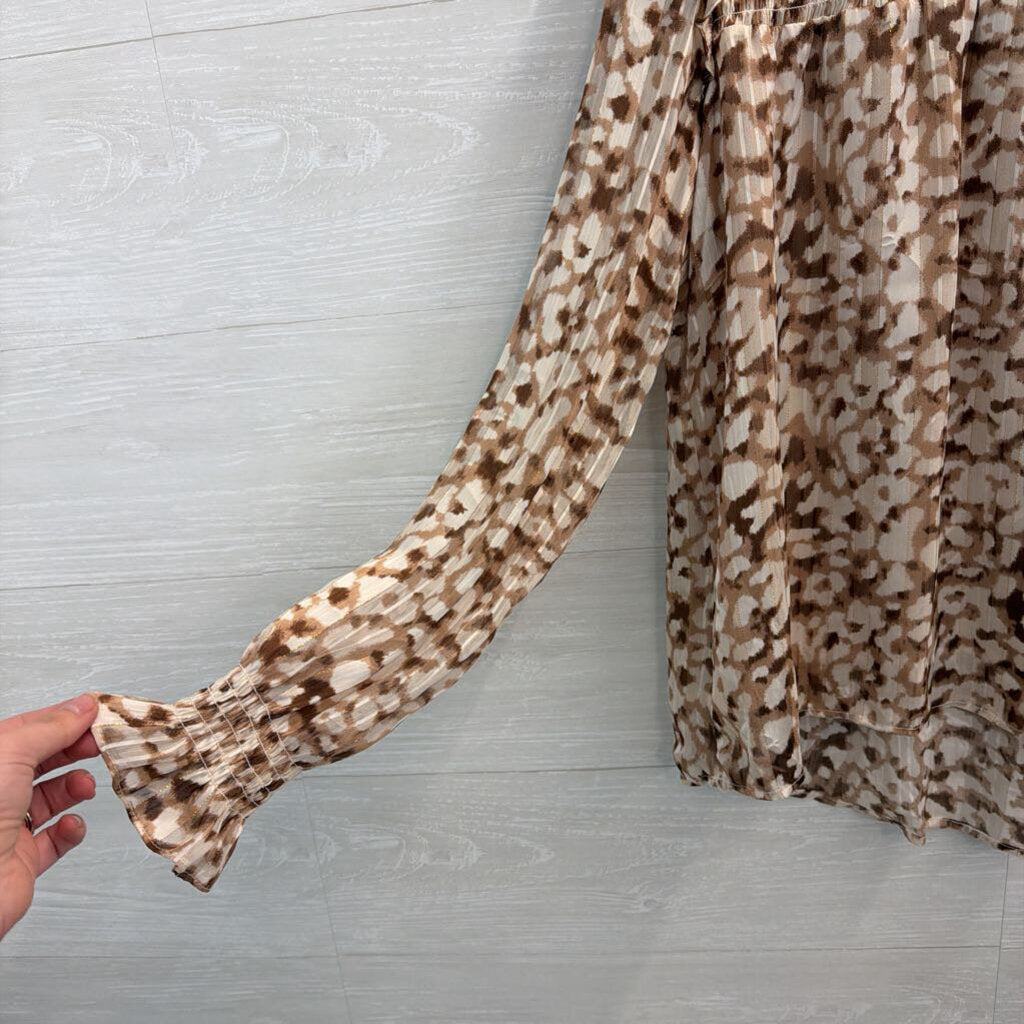 THML Brown/ White Print Long Sleeve Mock Neck Top Medium