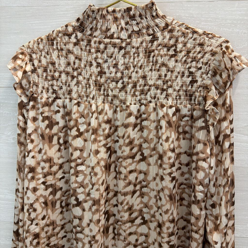 THML Brown/ White Print Long Sleeve Mock Neck Top Medium