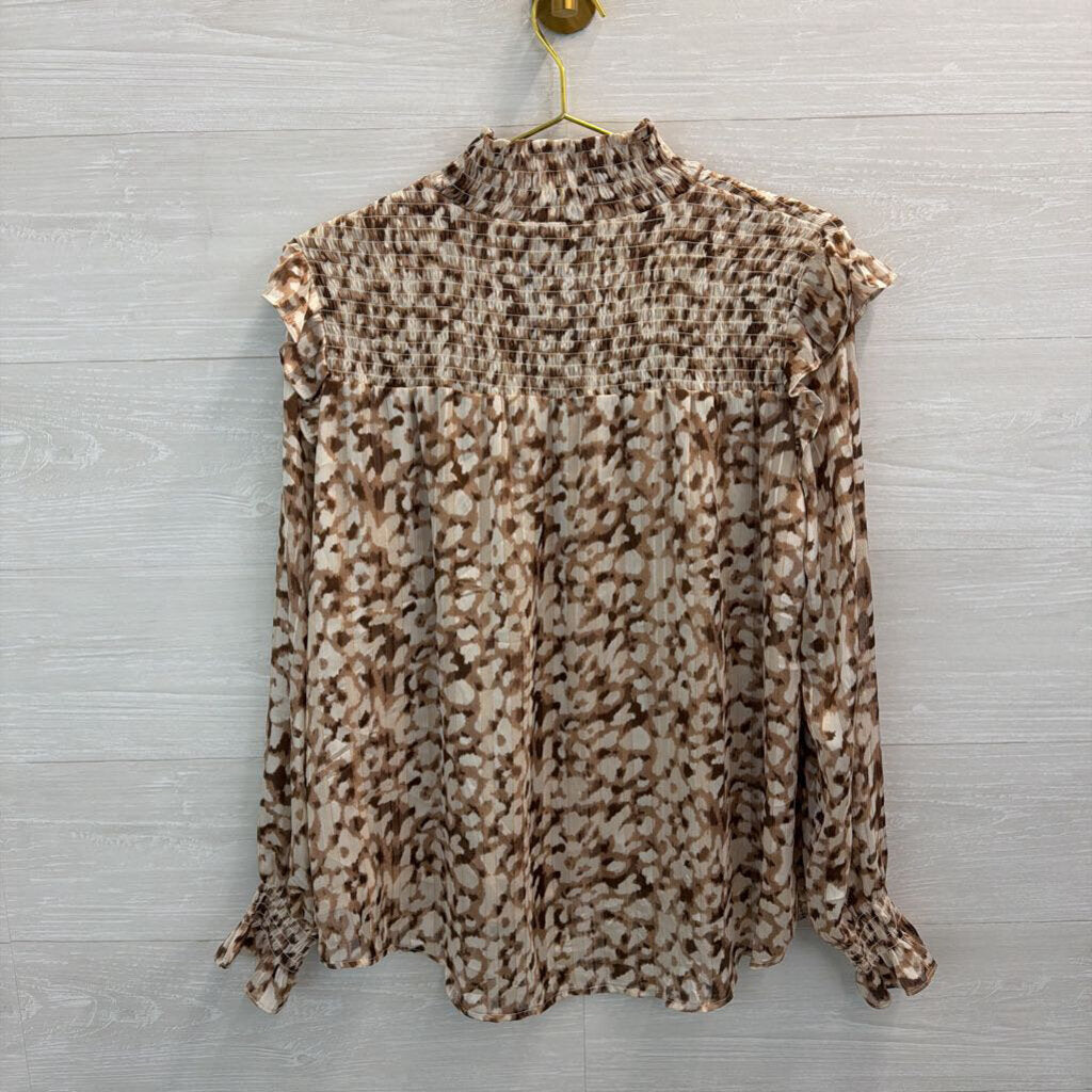 THML Brown/ White Print Long Sleeve Mock Neck Top Medium