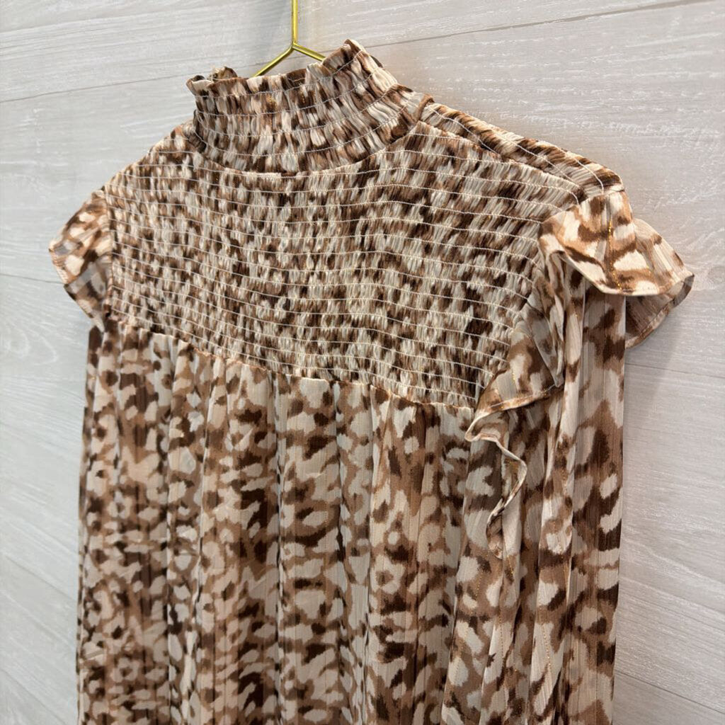 THML Brown/ White Print Long Sleeve Mock Neck Top Medium