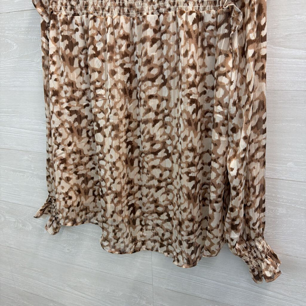 THML Brown/ White Print Long Sleeve Mock Neck Top Medium