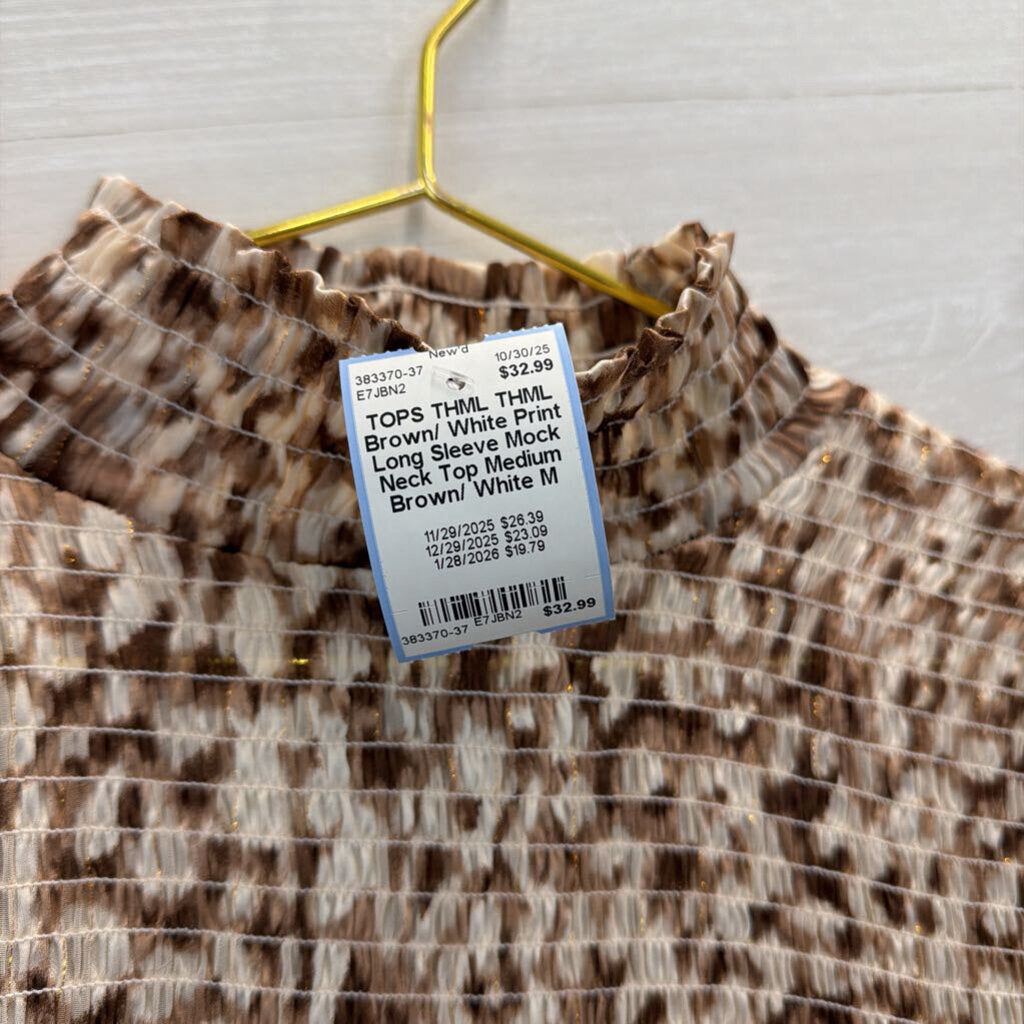 THML Brown/ White Print Long Sleeve Mock Neck Top Medium