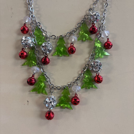 Silver Layered Christmas Tree And Bells Necklace