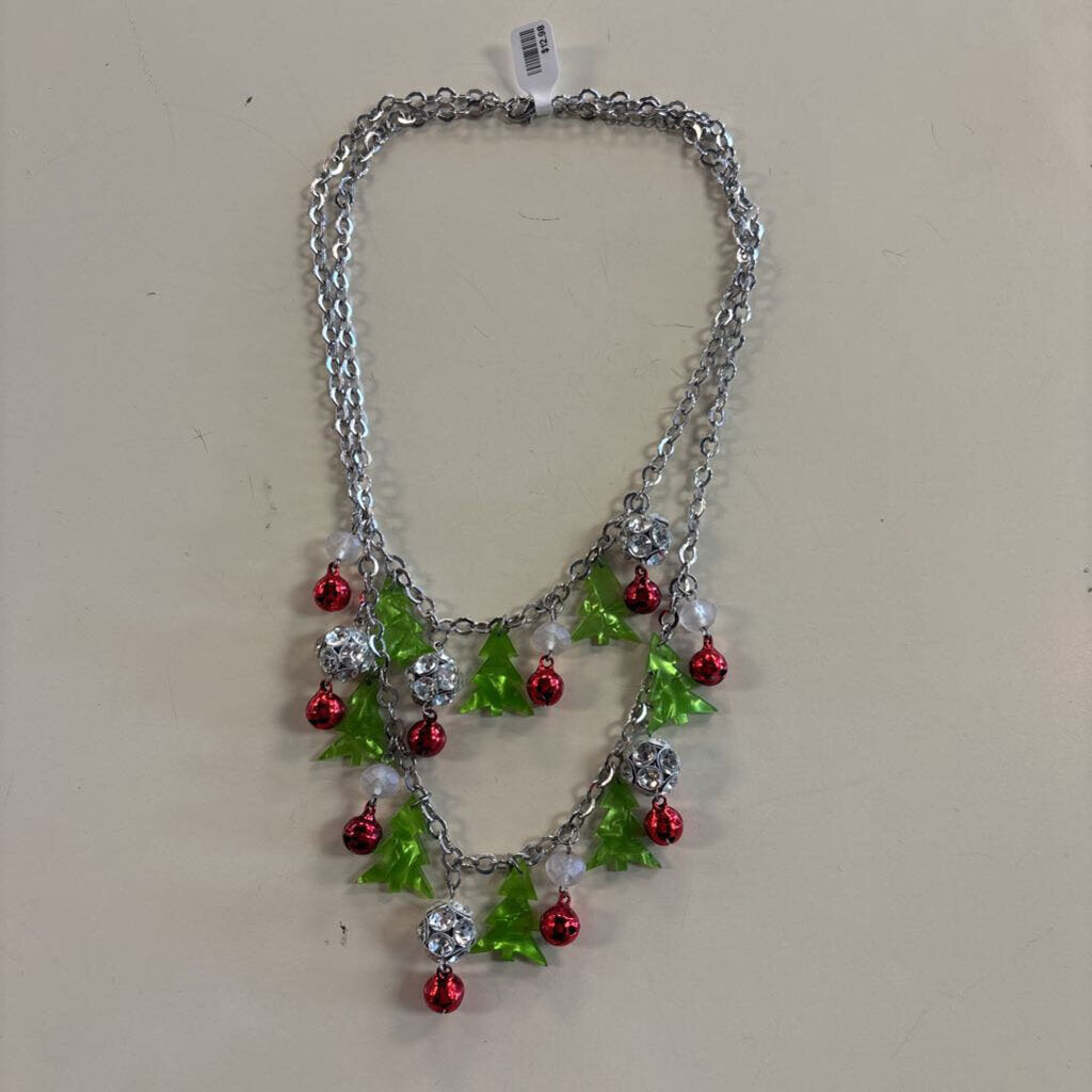 Silver Layered Christmas Tree And Bells Necklace