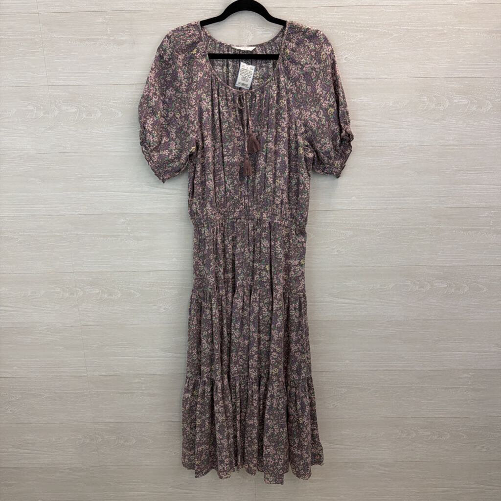 Lucky Brand Purple Flower Print Short Puff Sleeve Maxi Dress Small