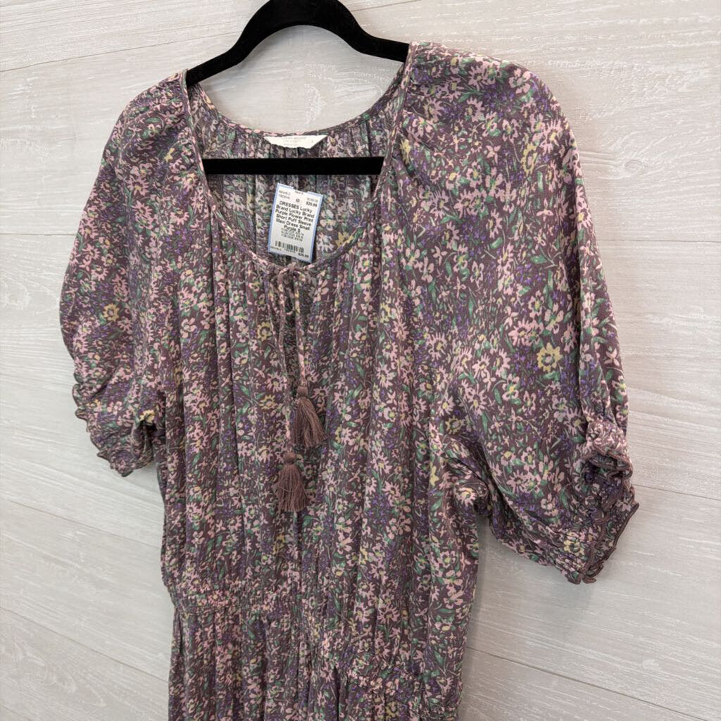 Lucky Brand Purple Flower Print Short Puff Sleeve Maxi Dress Small
