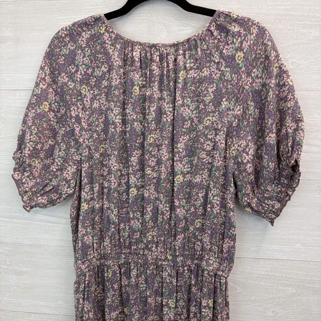 Lucky Brand Purple Flower Print Short Puff Sleeve Maxi Dress Small