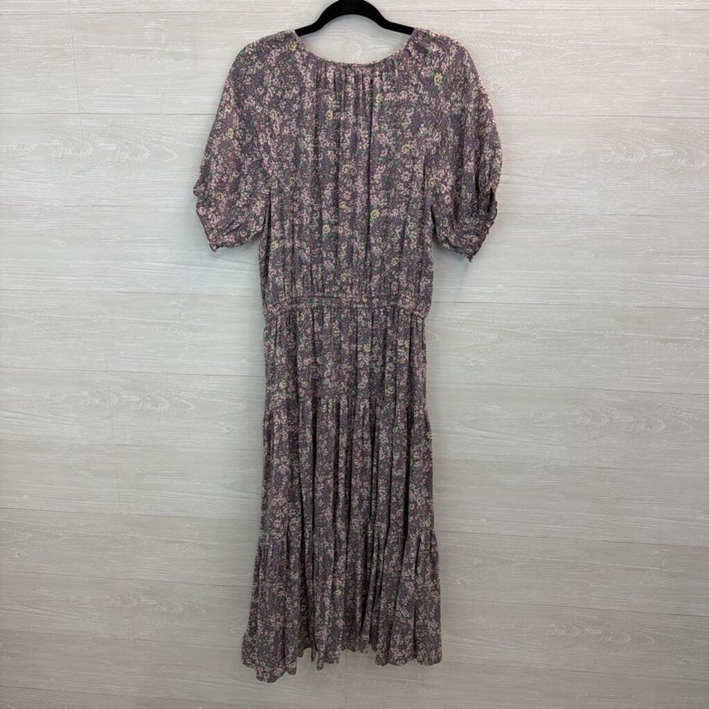 Lucky Brand Purple Flower Print Short Puff Sleeve Maxi Dress Small