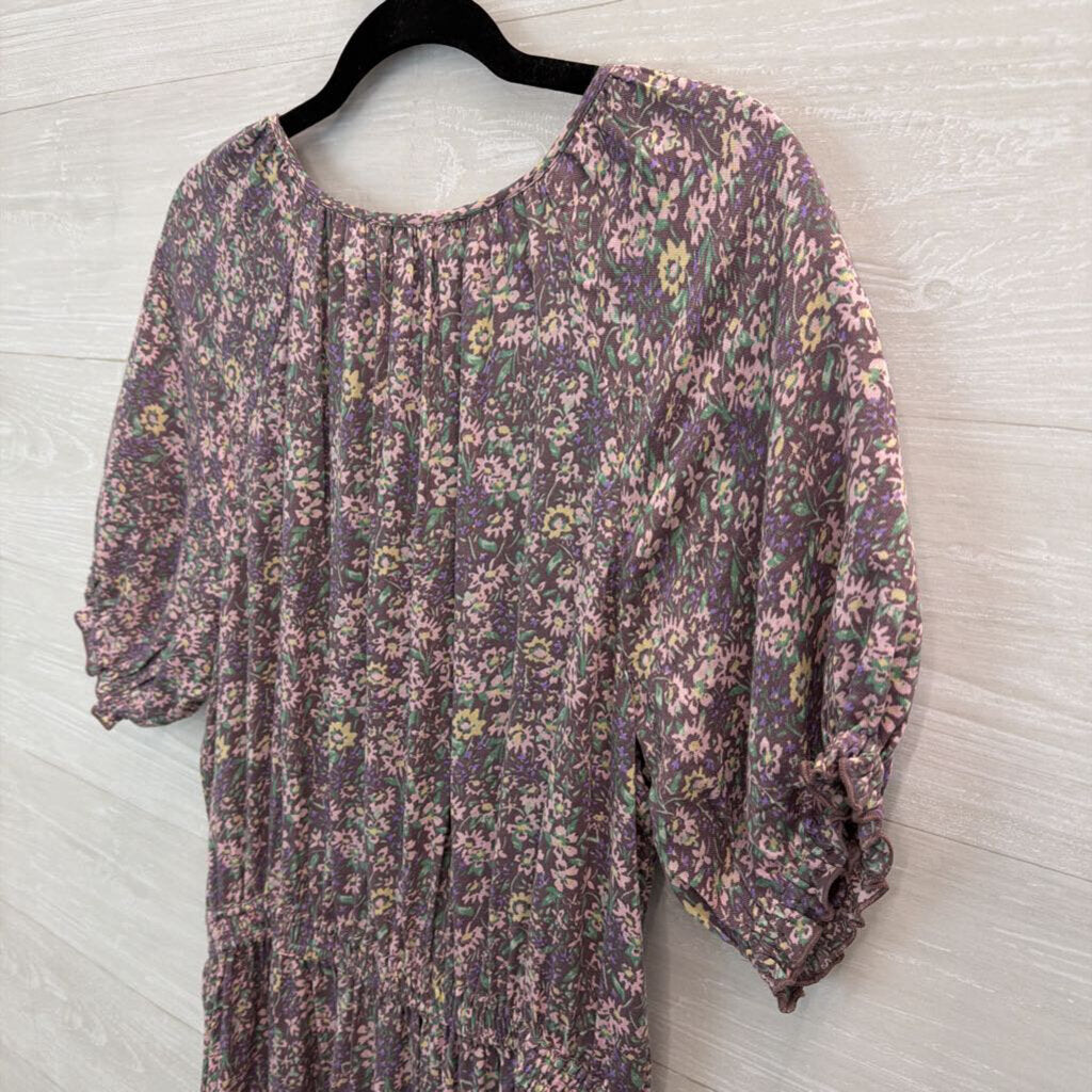 Lucky Brand Purple Flower Print Short Puff Sleeve Maxi Dress Small