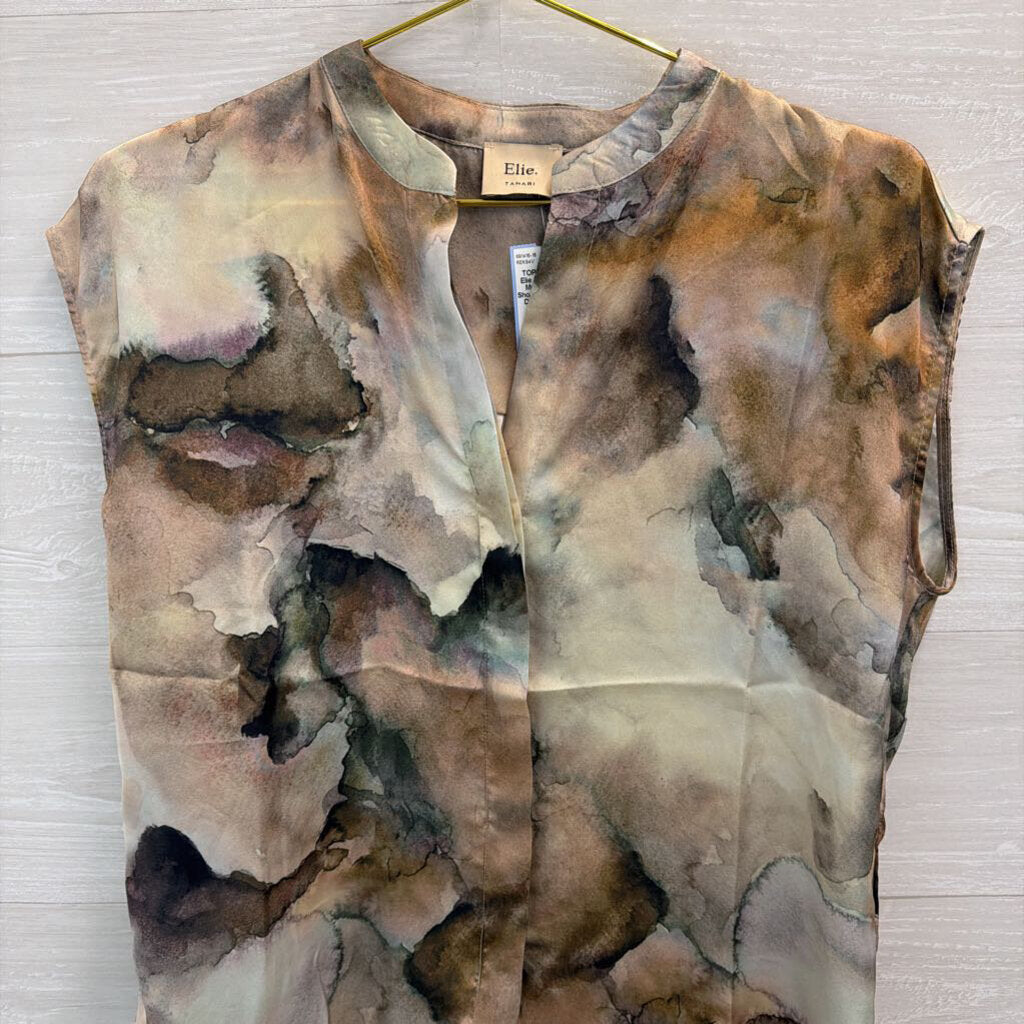 Elie Tahari Green/ Multi Print Silky Short Sleeve Button Down Top Small