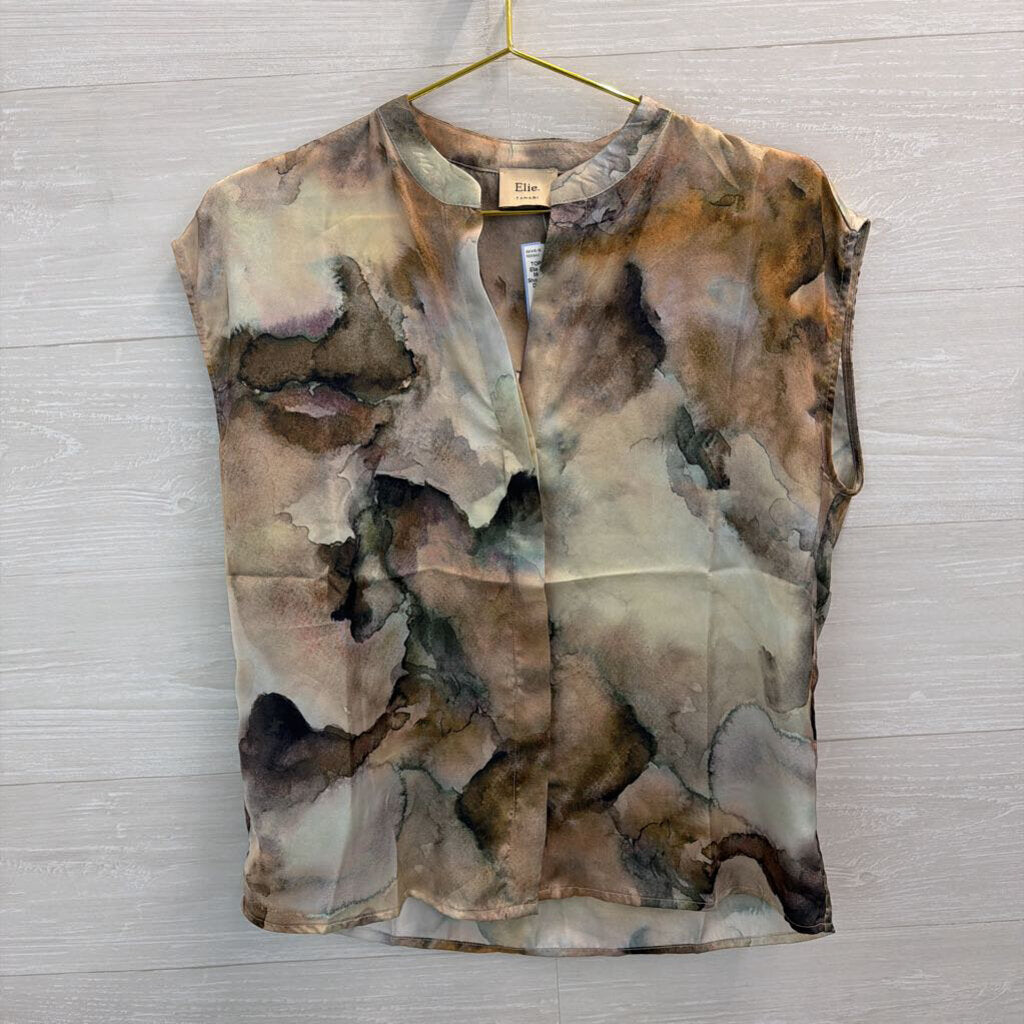 Elie Tahari Green/ Multi Print Silky Short Sleeve Button Down Top Small