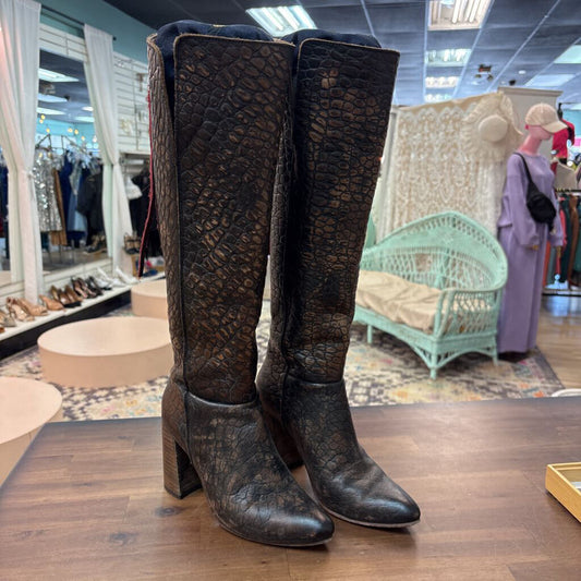 Freebird Brown Leather Crocodile Print Jasper Tall Boots 8