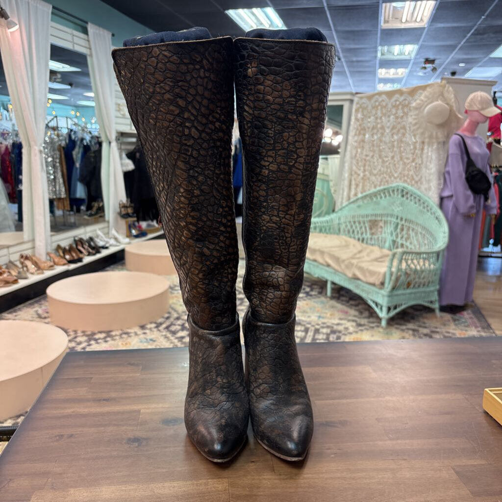 Freebird Brown Leather Crocodile Print Jasper Tall Boots 8
