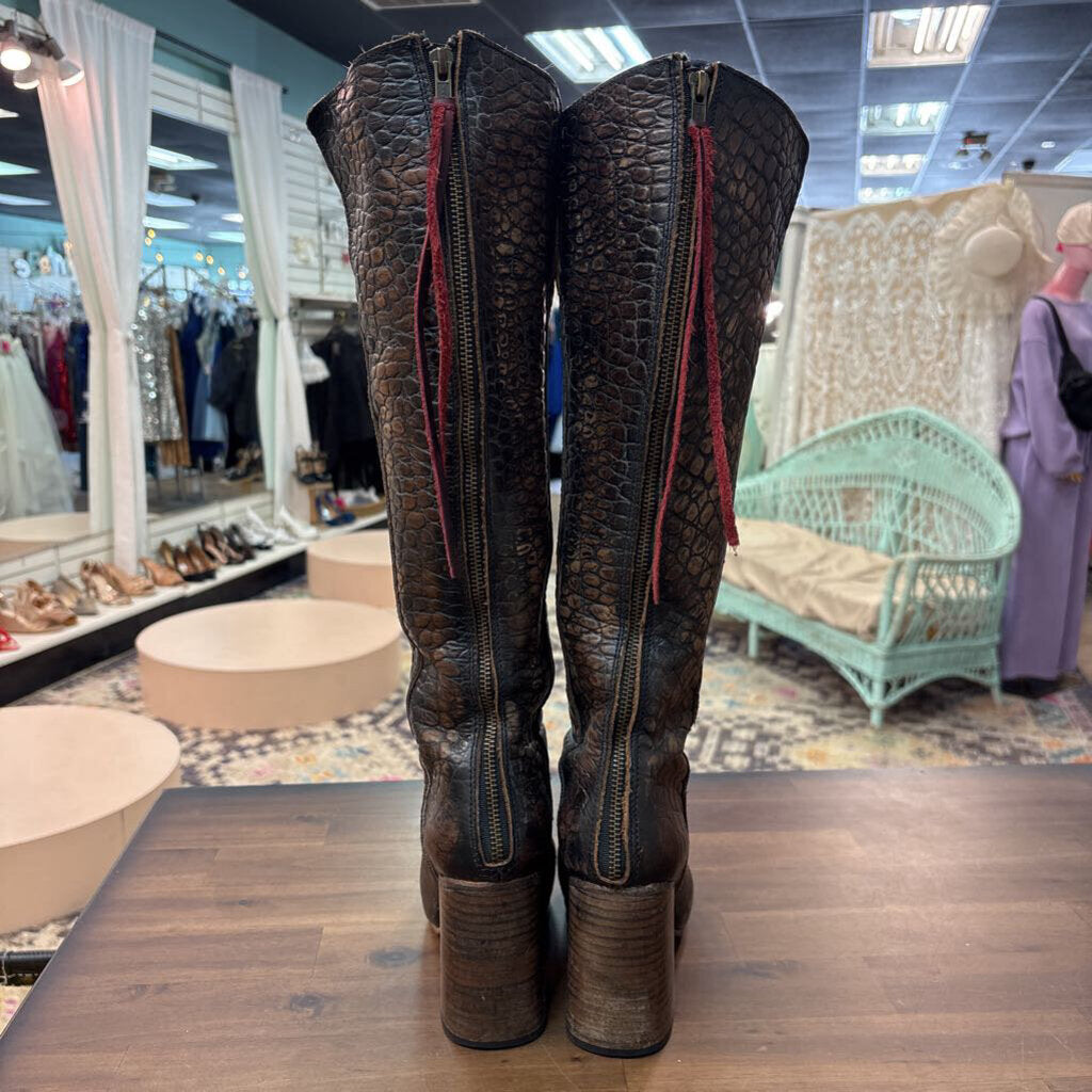 Freebird Brown Leather Crocodile Print Jasper Tall Boots 8