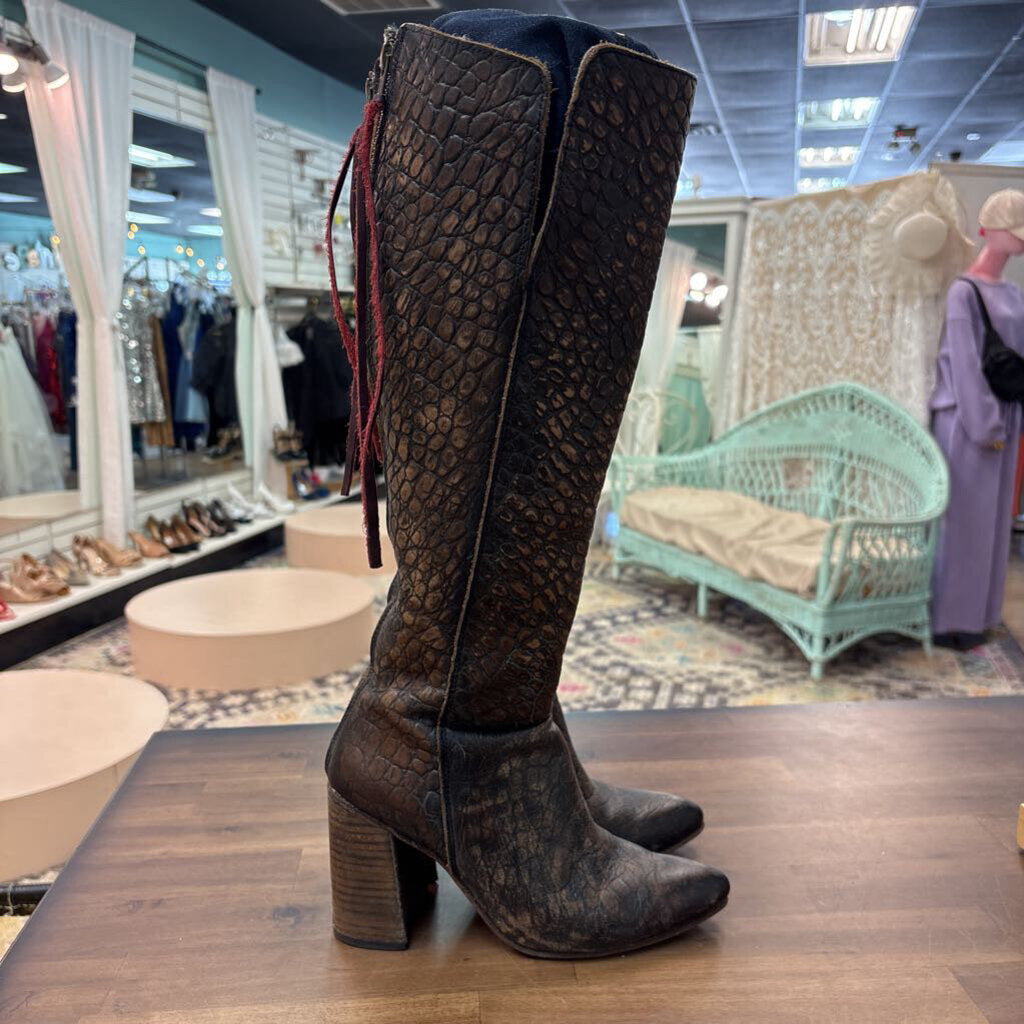 Freebird Brown Leather Crocodile Print Jasper Tall Boots 8